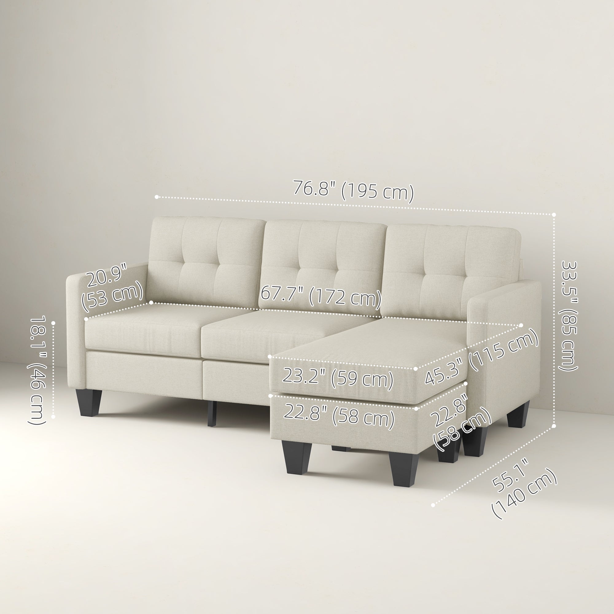 HOMCOM L-shaped Sofa, 3 Seater Sectional Couch with Ottoman, Corner Sofa with Thick Padded Cushion and Wood Legs, Beige 