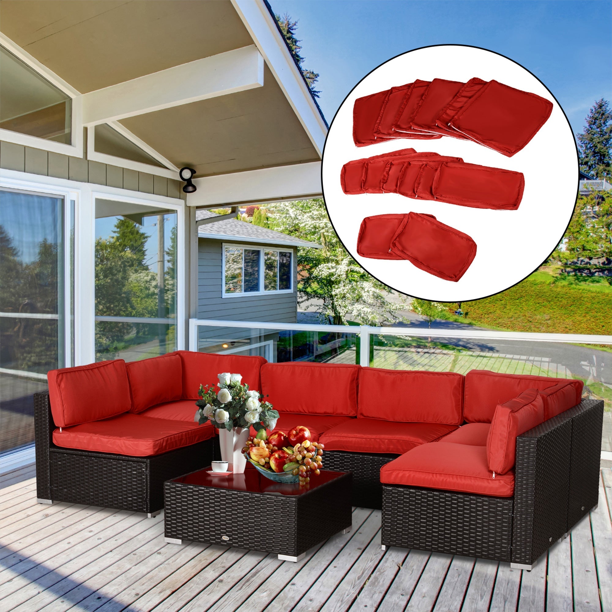 Outsunny Patio Rattan Sofa Set 14pc Outdoor Cushion Polyester Cover Replacement Set Red No Cushion 