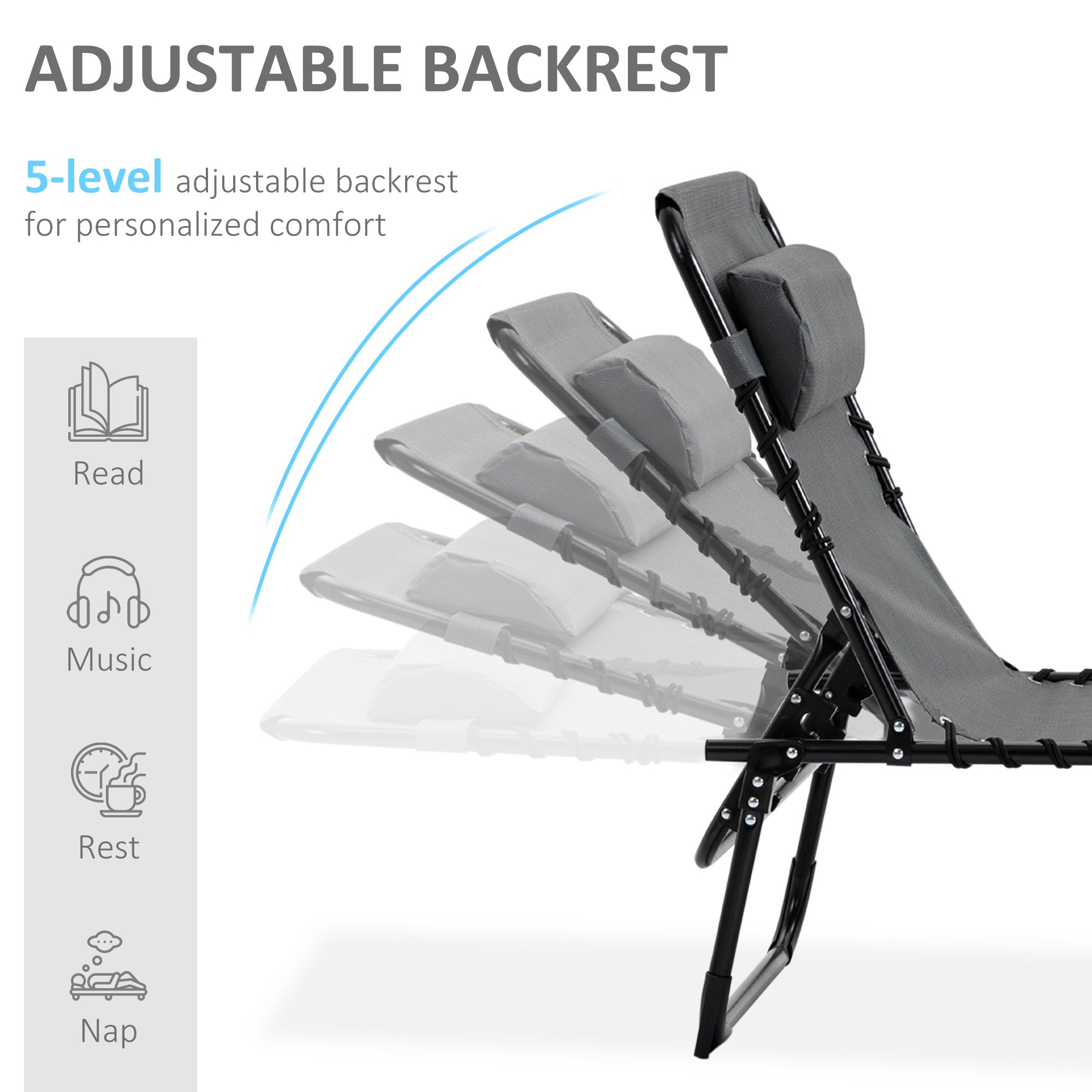 Outsunny Adjustable Outdoor Folding Lounge Chair Recliner with Pillow Grey 