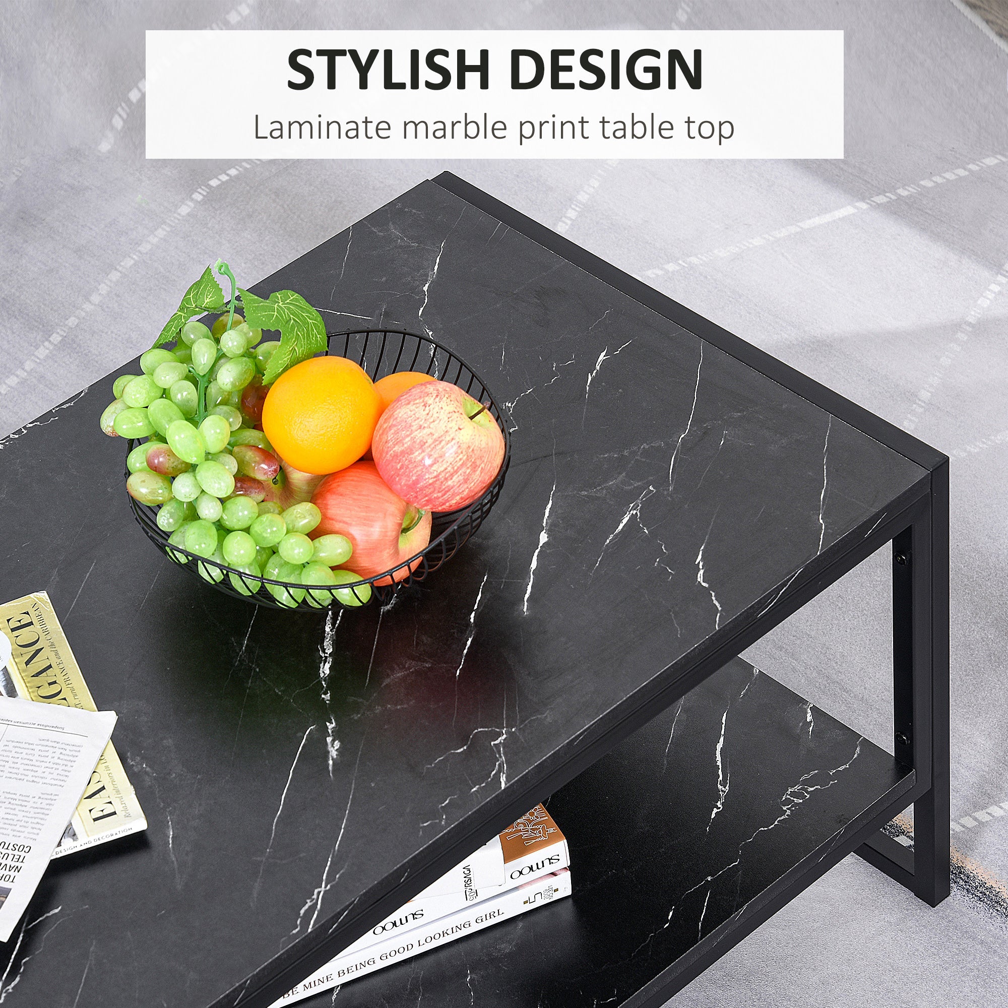 HOMCOM Black 2-Tier Coffee Table: Cocktail Table with Marble Textured Top, Storage Shelf for Living Room, Bedroom, Dorm 