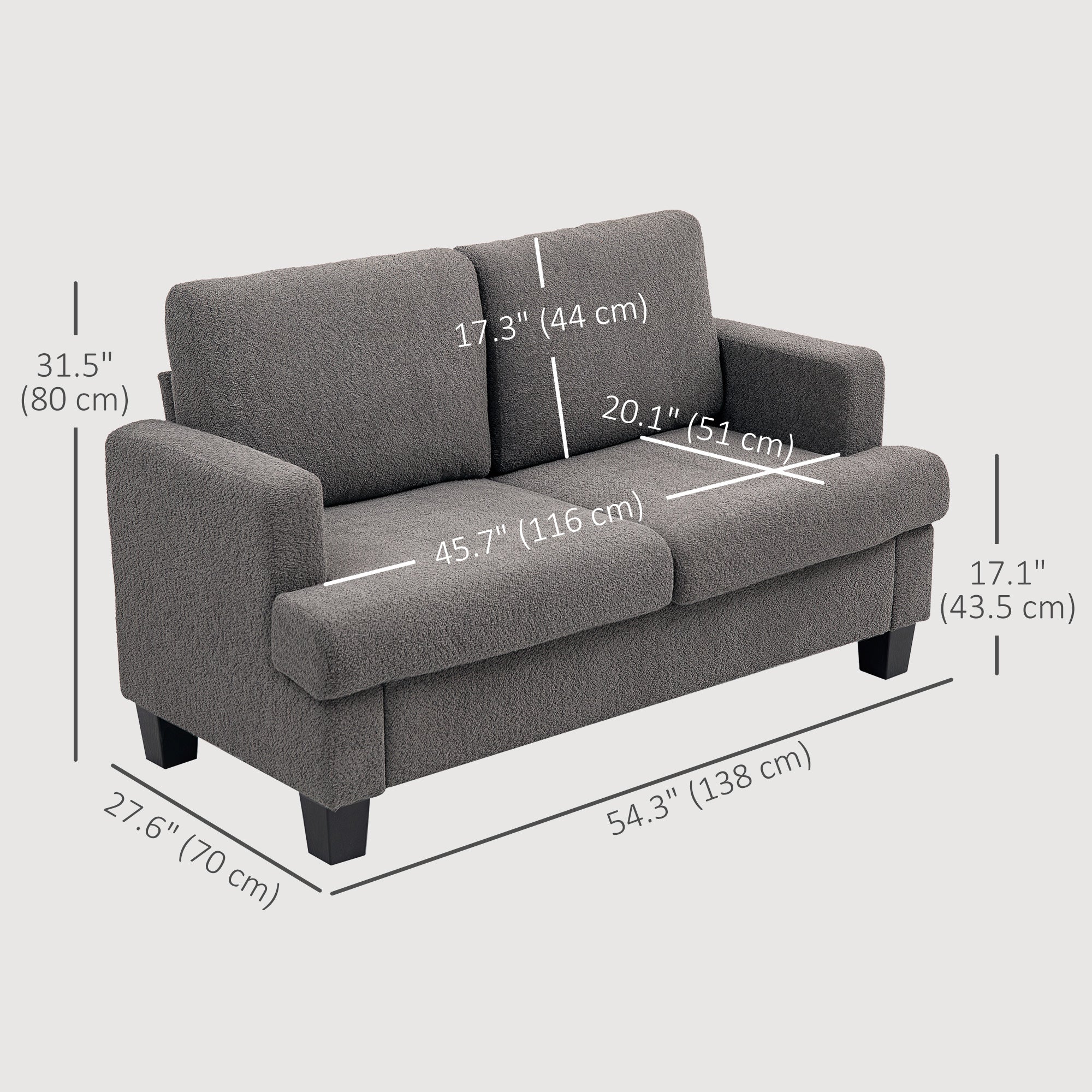 HOMCOM 54.3" Loveseat Sofa, 2 Seater Sofa with Removable Cushions, Small Couch with Tapered Legs for Living Room, Dark Grey 