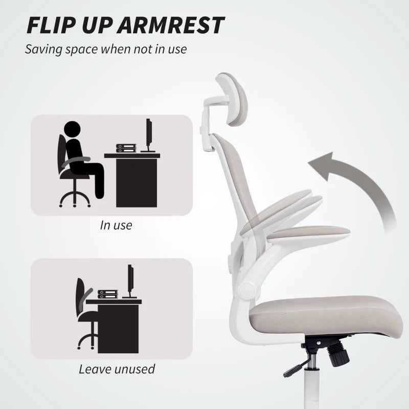 Ergonomic Office Chair, Mesh Desk Chair with Adjustable Headrest, Lumbar Support and Height, Flip-Up Armrests, Grey