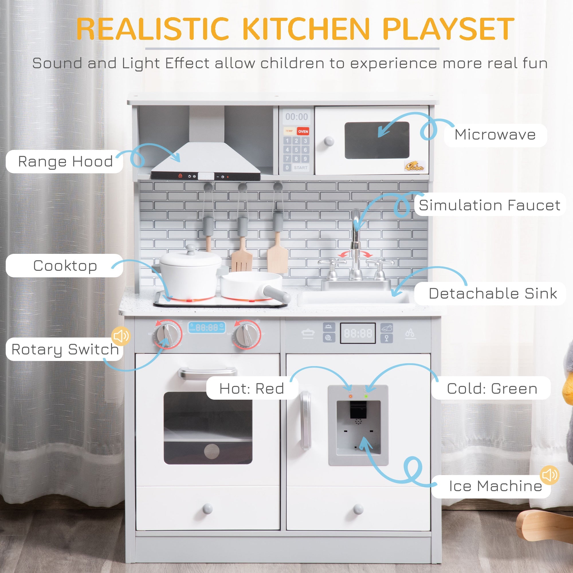 Qaba Kids Cooking Toy Set - Educational Pretend Kitchen with Sound & Light Effects, Ideal for 3-6 Years Old 