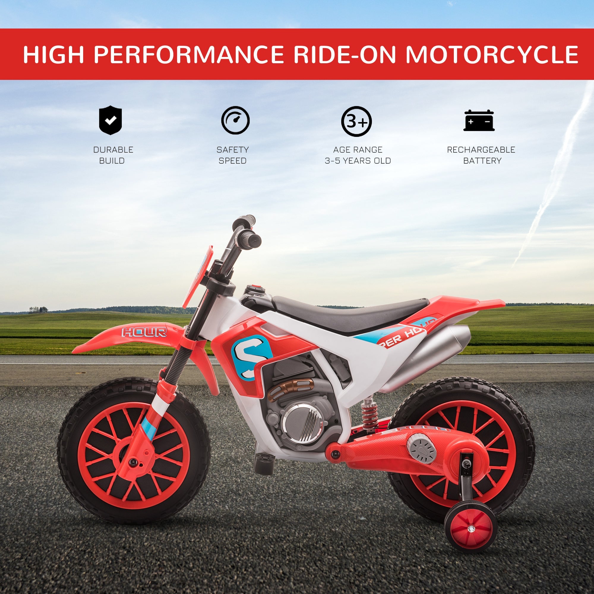Aosom Electric Kids Dirt Bike Battery-Powered Ride-On Motorcycle 12V Training Wheels Red 