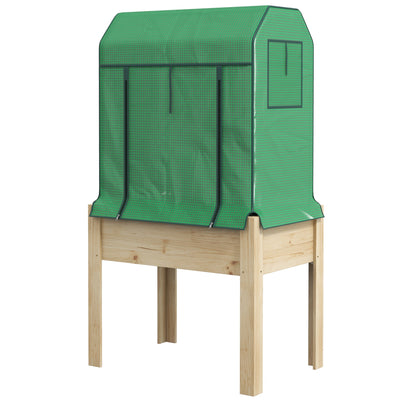 Outsunny Wooden Raised Garden Bed with PE Greenhouse Cover Liner for Vegetables Flowers Herbs Outdoor Gardening 