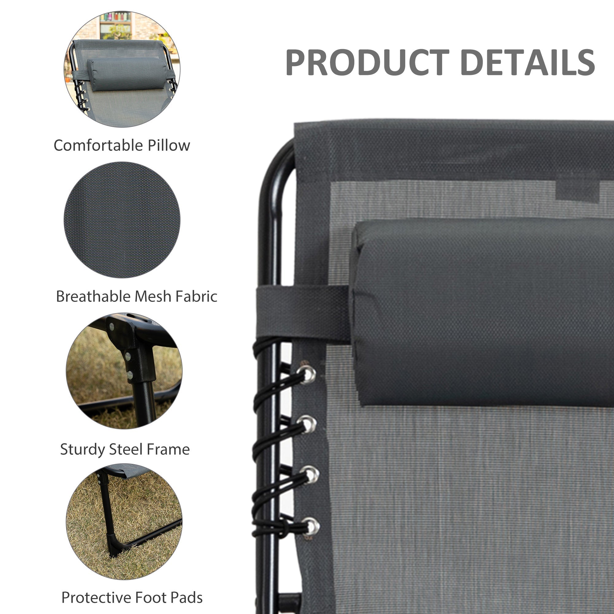 Outsunny Adjustable Outdoor Folding Lounge Chair Recliner with Pillow Grey 