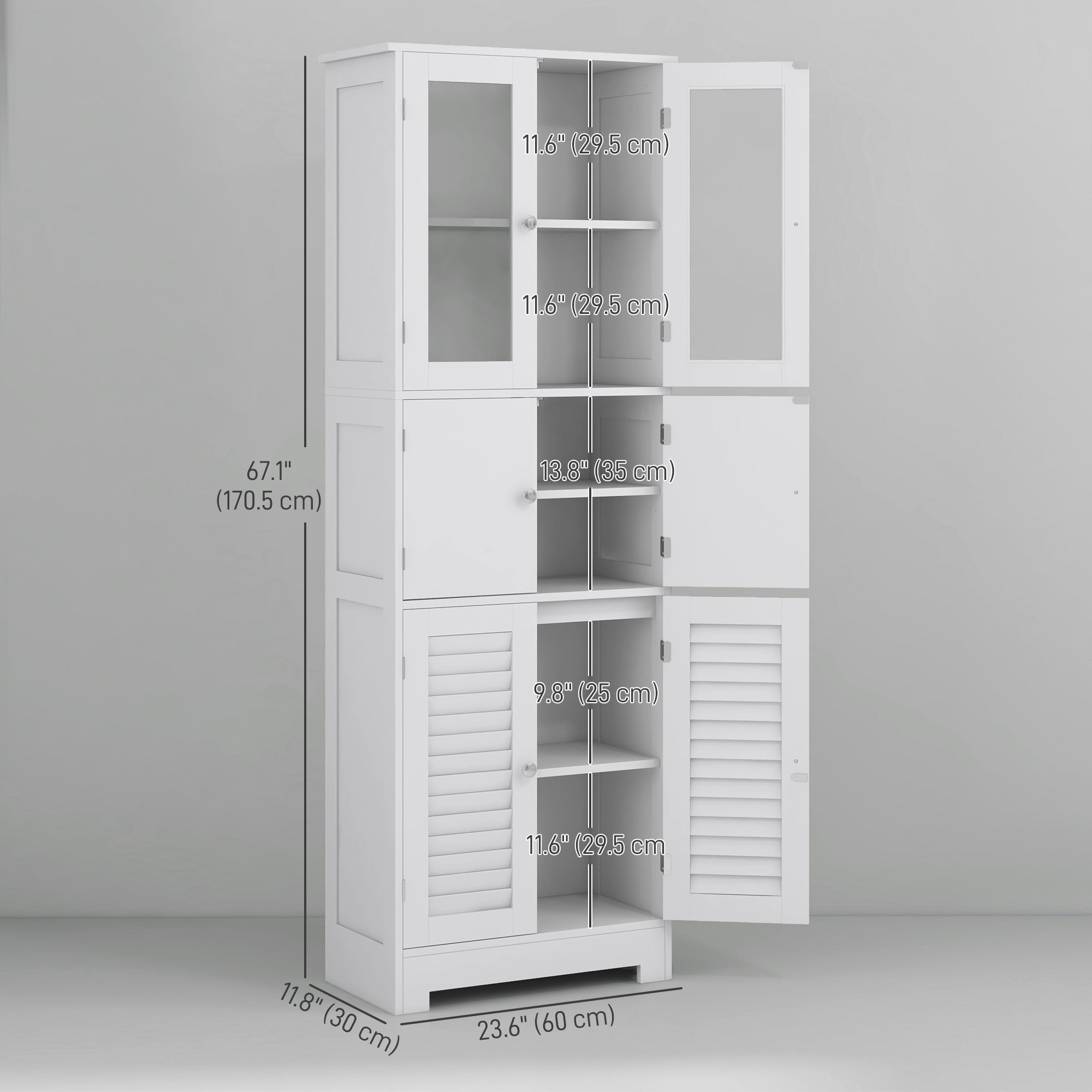HOMCOM Freestanding Bathroom Cabinet Glass Louvred Doors Tall Cupboard Kitchen Study Living Room Storage Furniture White 