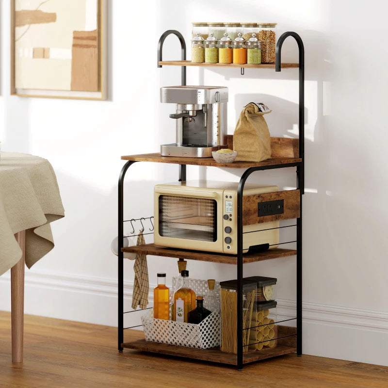 Baker's Rack with Charing Station, Microwave Shelf with Power Outlet, USB Charger and 4 Hooks, Rustic Brown