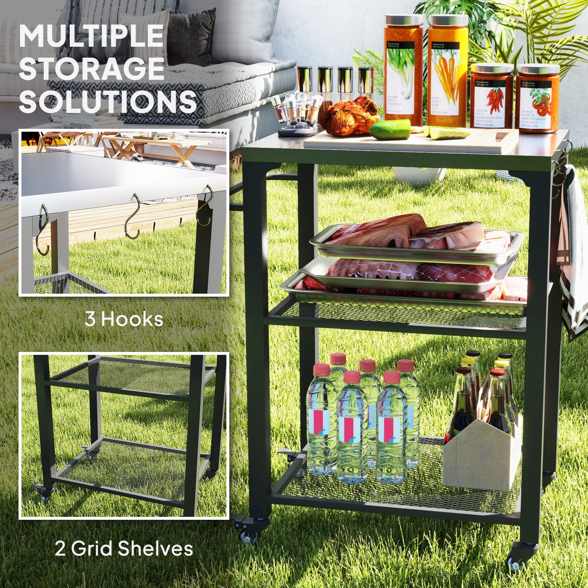 Outsunny 3-Shelf Outdoor Grill Cart Table with Stainless Steel Top, Hooks, Pizza Oven Stand on Wheels 