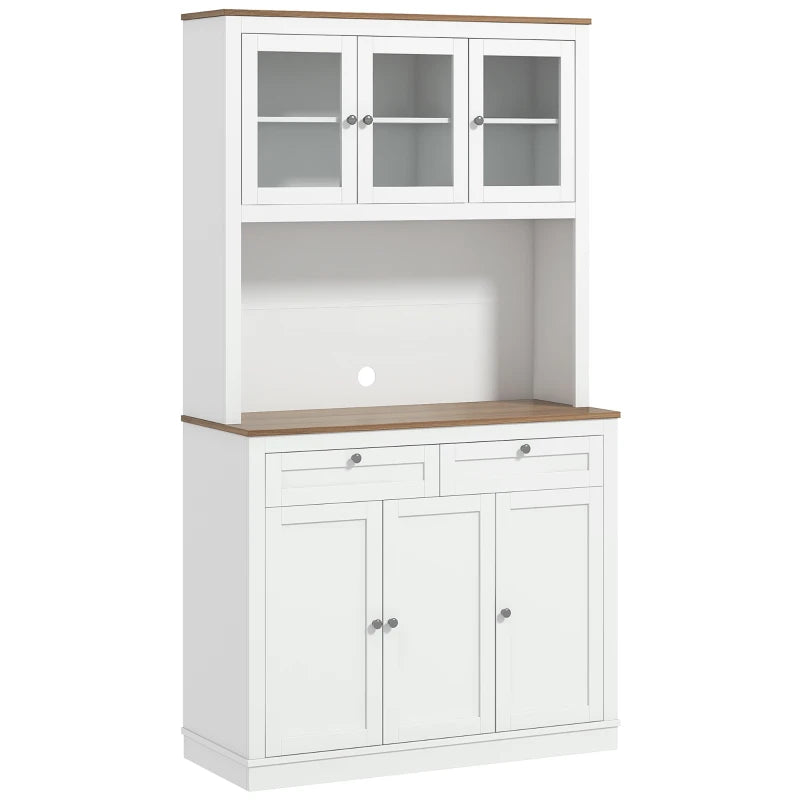 71" Kitchen Pantry Cabinet Small Glass-Door Dining Cabinet with Drawers Adjustable Shelves Microwave Space White