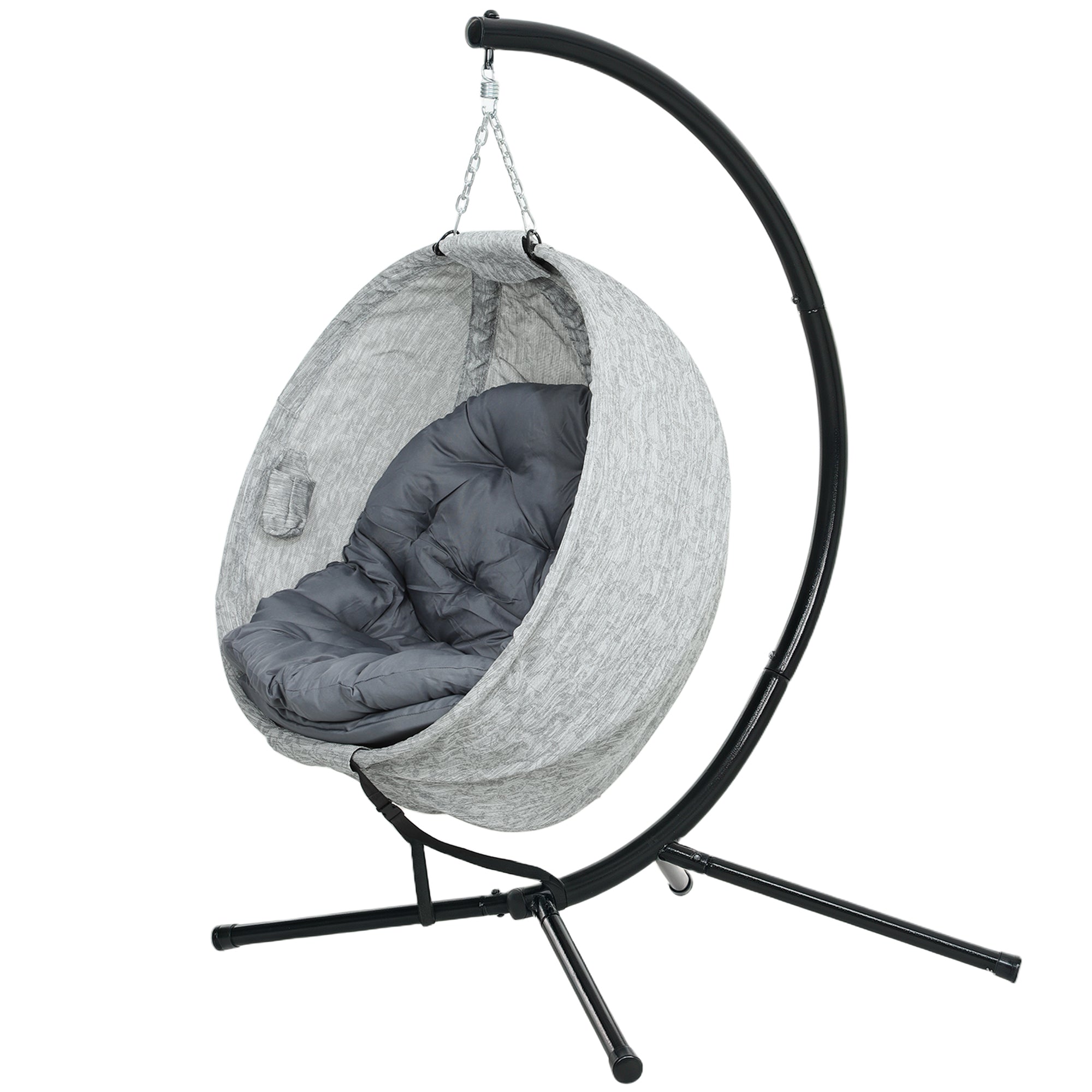 Outsunny Egg Chair with Folding Basket, Outdoor Indoor Hanging Swing Chair with Stand, Cushions for Patio, Balcony, Grey 