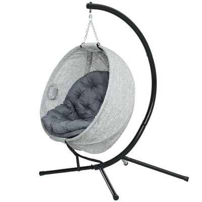 Outsunny Egg Chair with Folding Basket, Outdoor Indoor Hanging Swing Chair with Stand, Cushions for Patio, Balcony, Grey 