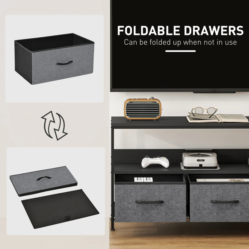 TV Stand with Charging Station, TV Table with 3 Foldable Linen Drawers and Open Shelf for 55 Inch Television, Black