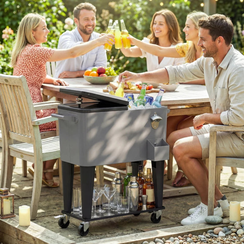80 Quart Rolling Patio Cooler Cart with Storage Shelf, Patio Cooler with Locking Wheels, Bottle Opener & Cap Catcher
