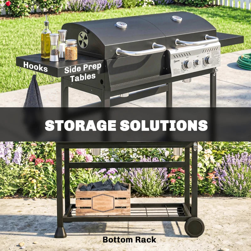 Outsunny Dual Fuel BBQ Grill, Charcoal and 2+1 Gas Burner Barbecue Grill with Wheels, Warming Rack, Black