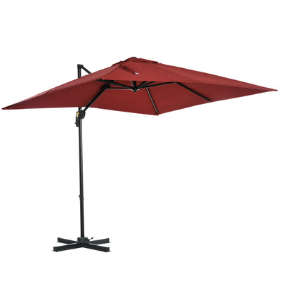 Outsunny Square Patio Hanging Offset Umbrella 8' x 8' Aluminum Cantilever Crank Market Parasol 360° Rotation Cross Base Wine Red 