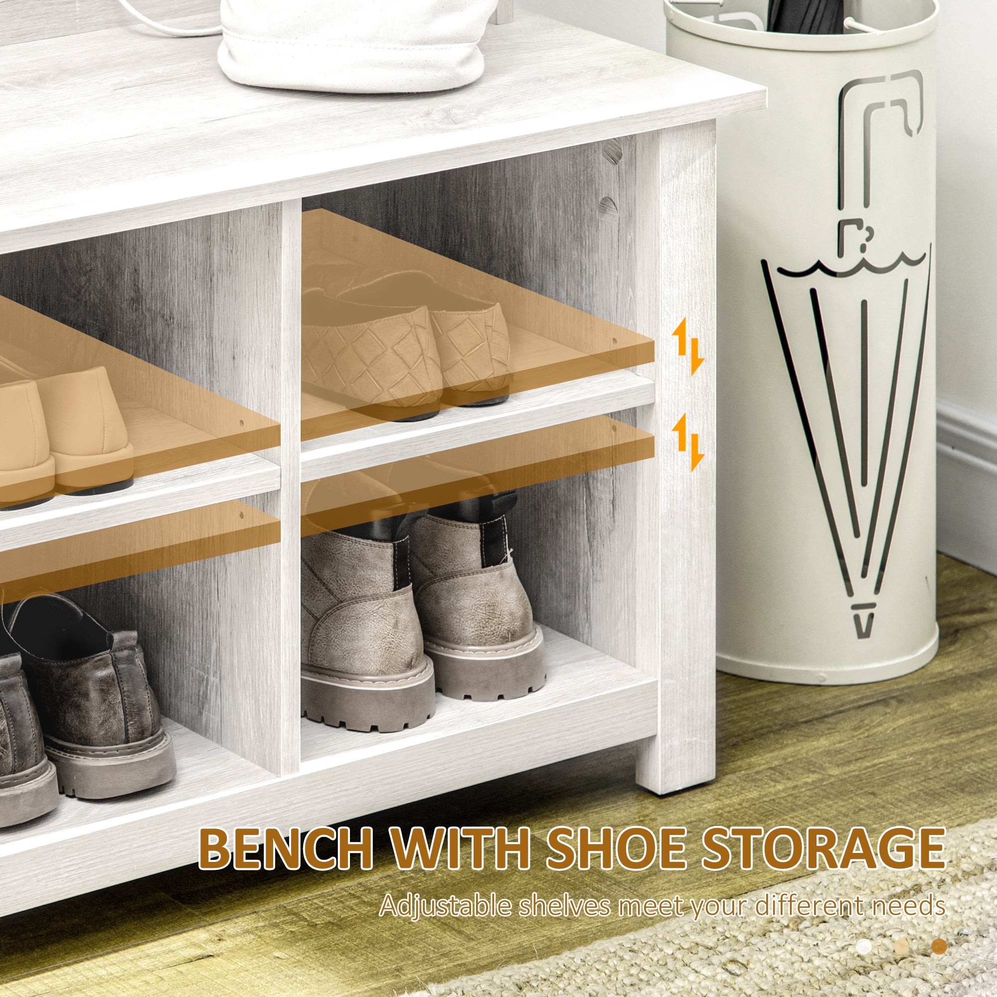 HOMCOM Hall Tree Coat and Shoe Storage Bench with Adjustable Shelves Entryway Organizer, White Finish 