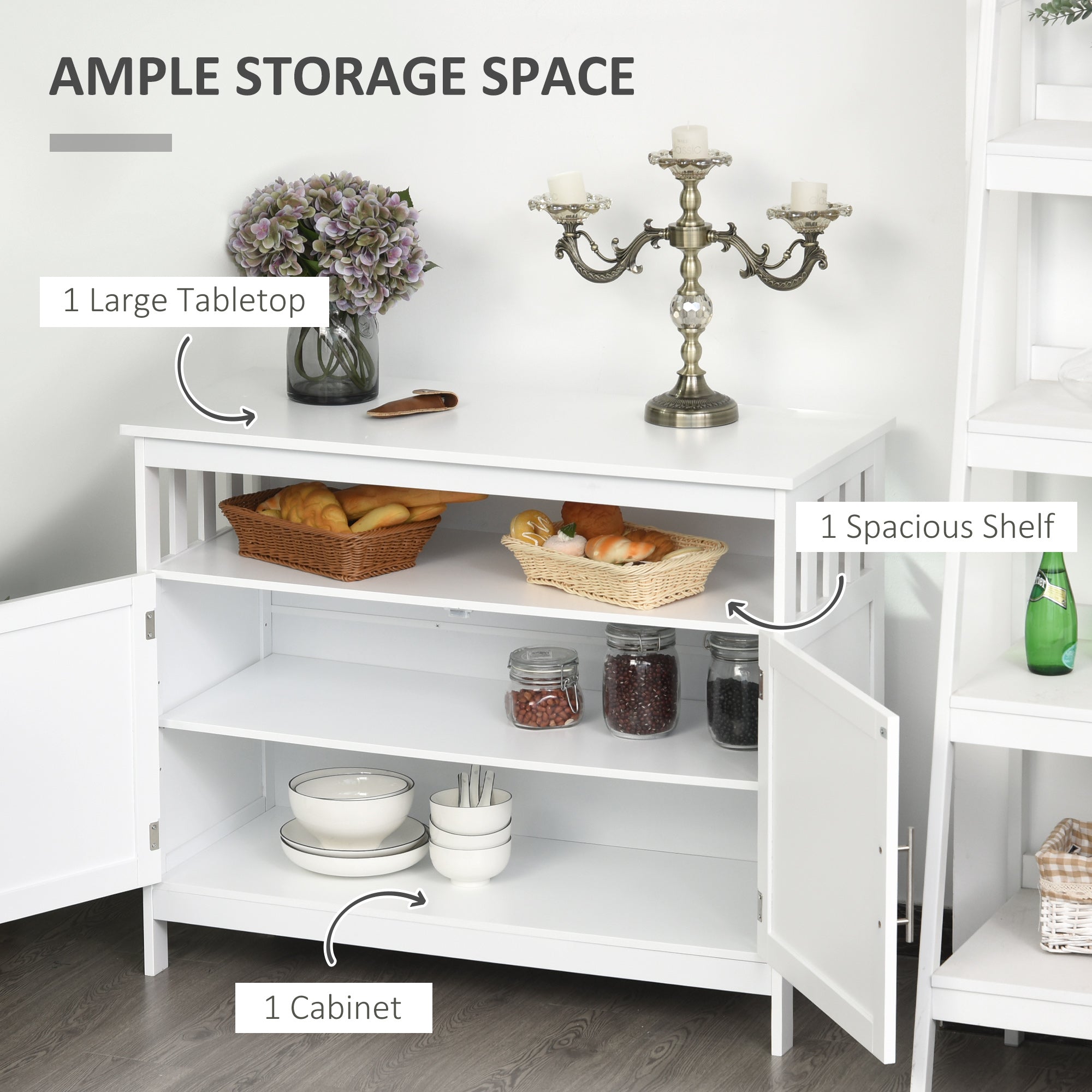HOMCOM Classic Storage Console: Kitchen Sideboard Bar Cabinet, Buffet Cabinet with 2-Level Cabinet and Open Shelf, Crisp White 