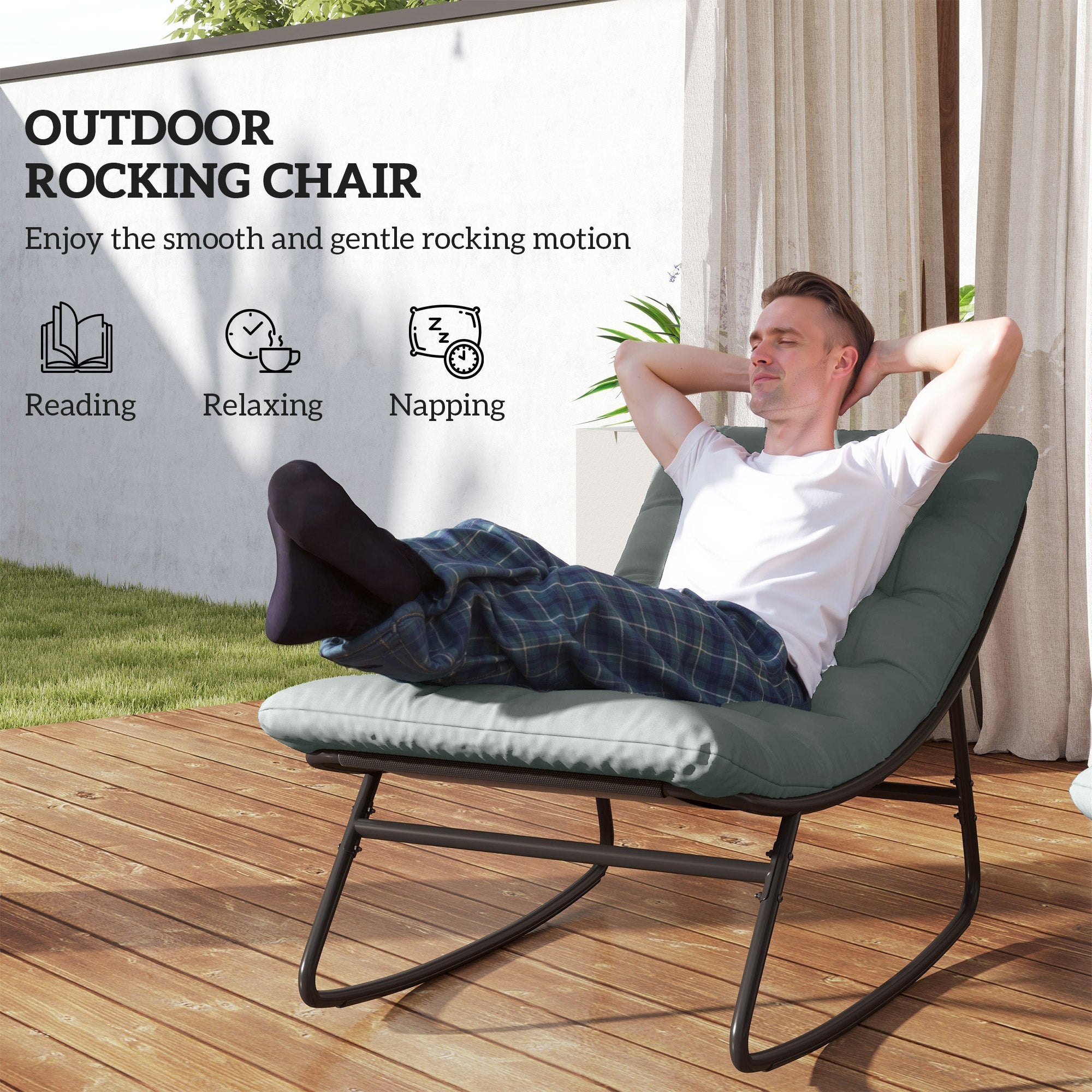Outsunny Outdoor Patio Rocking Chair with Cushion, Steel Frame Balcony Chair with Mesh Deep Seat for Porch, Garden, Grey 