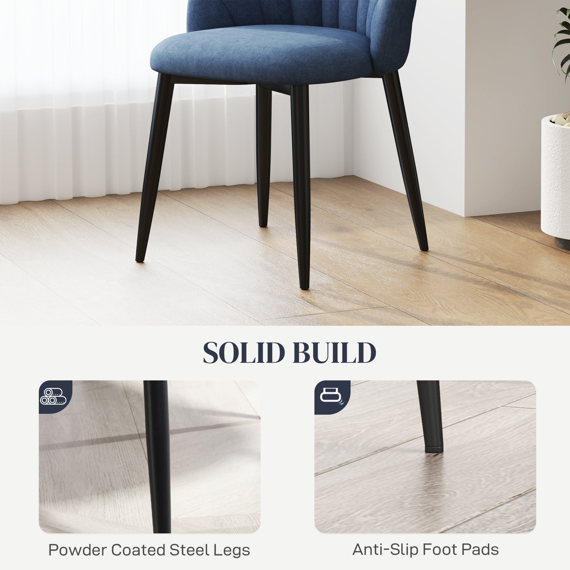 HOMCOM Modern Dining Chairs Set of 4, Upholstered Dining Room Chairs with Metal Legs, Shell Backrest, Padded Seat, Blue 