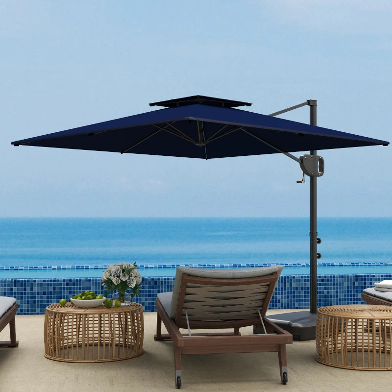 Square Cantilever Patio Umbrella, Double Top Patio Hanging Offset Umbrella with Crank & Tilt, 8' x 9', Dark Blue
