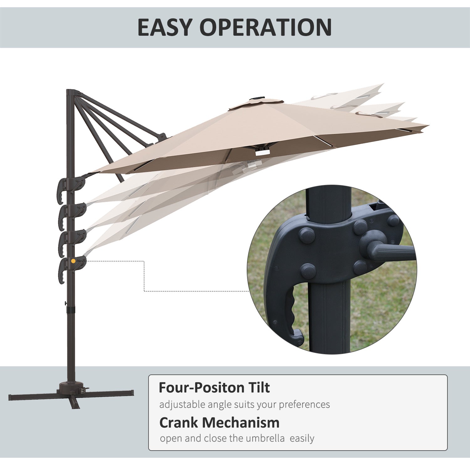 Outsunny 10ft Offset LED Patio Umbrella: Cantilever Parasol with 360° Rotation, Cross Base for Outdoor Deck & Beach, Khaki 