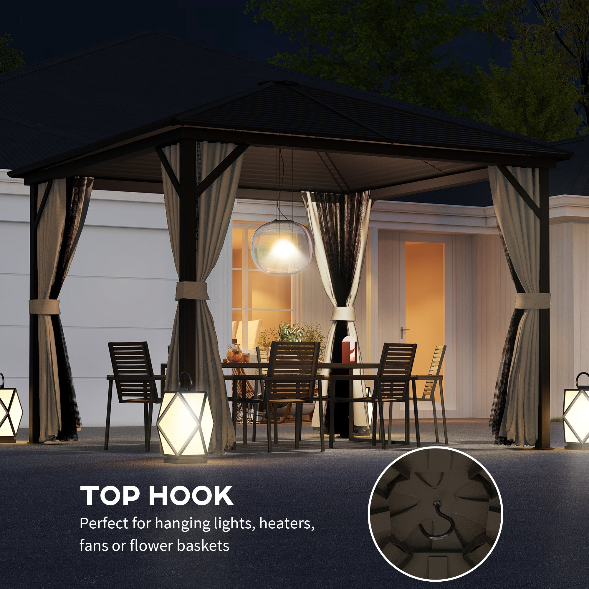Outsunny 10' x 10' Hardtop Gazebo Outdoor Aluminum Gazebo Canopy with Mosquito Netting, Curtains, Hanging Hook, Brown 