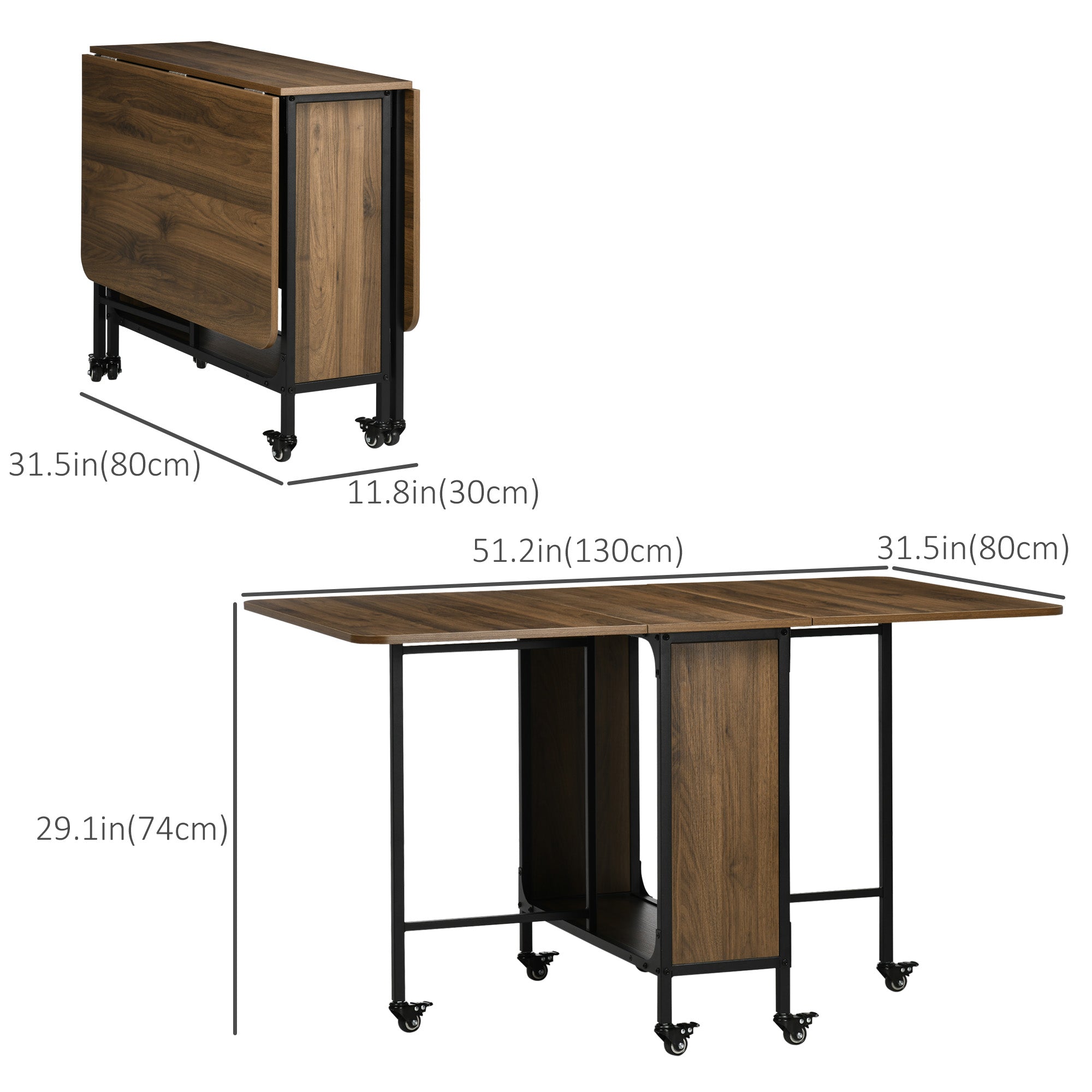 HOMCOM Mobile Folding Extendable Dining Table for Small Spaces Storage Shelf 6 Wheels Space-Saving Design 