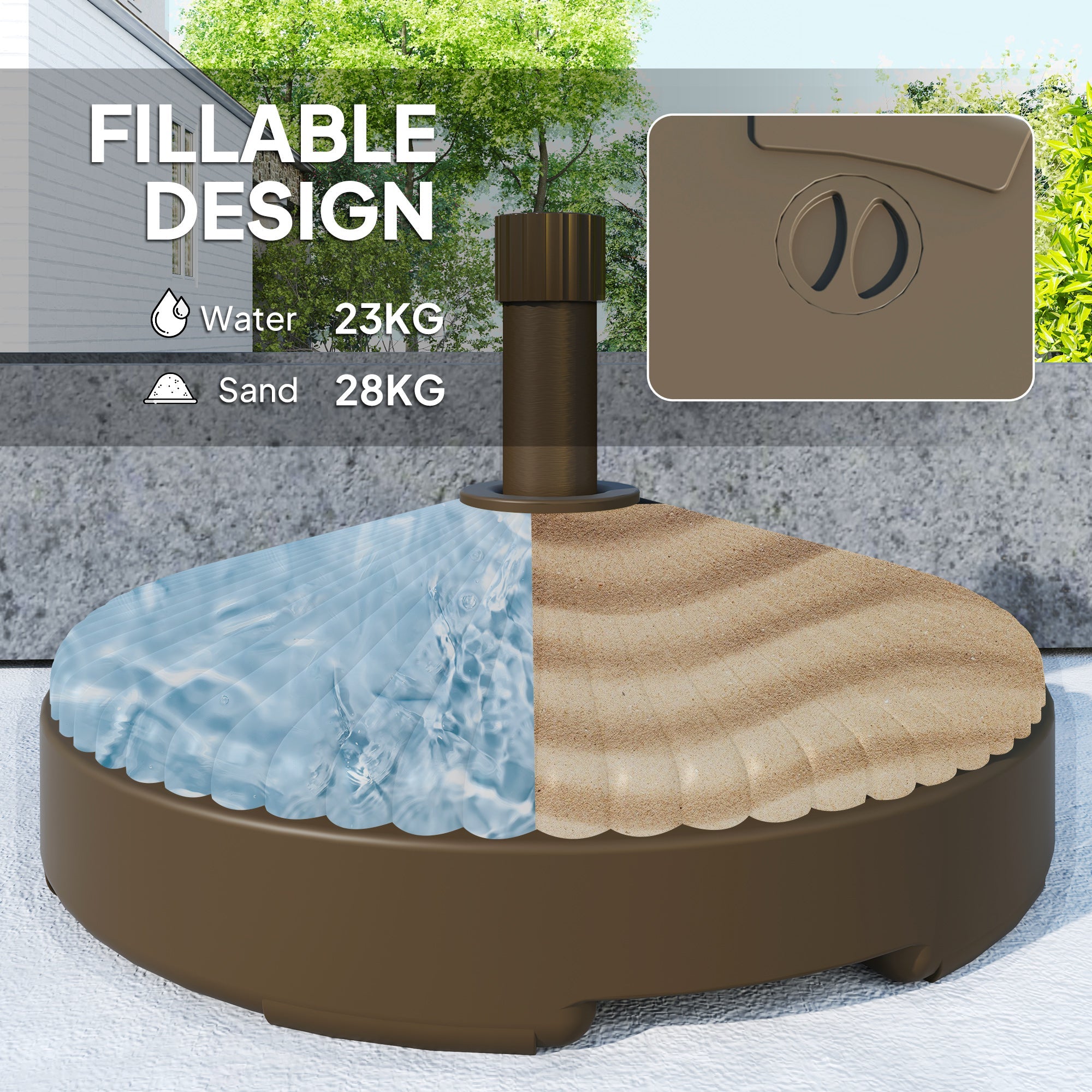 Outsunny Round Patio Umbrella Base Parasol Holder Outdoor Umbrella Stand, Filled Up to 62lbs with Stand or 51lbs with Water for Garden, Poolside, Brown 