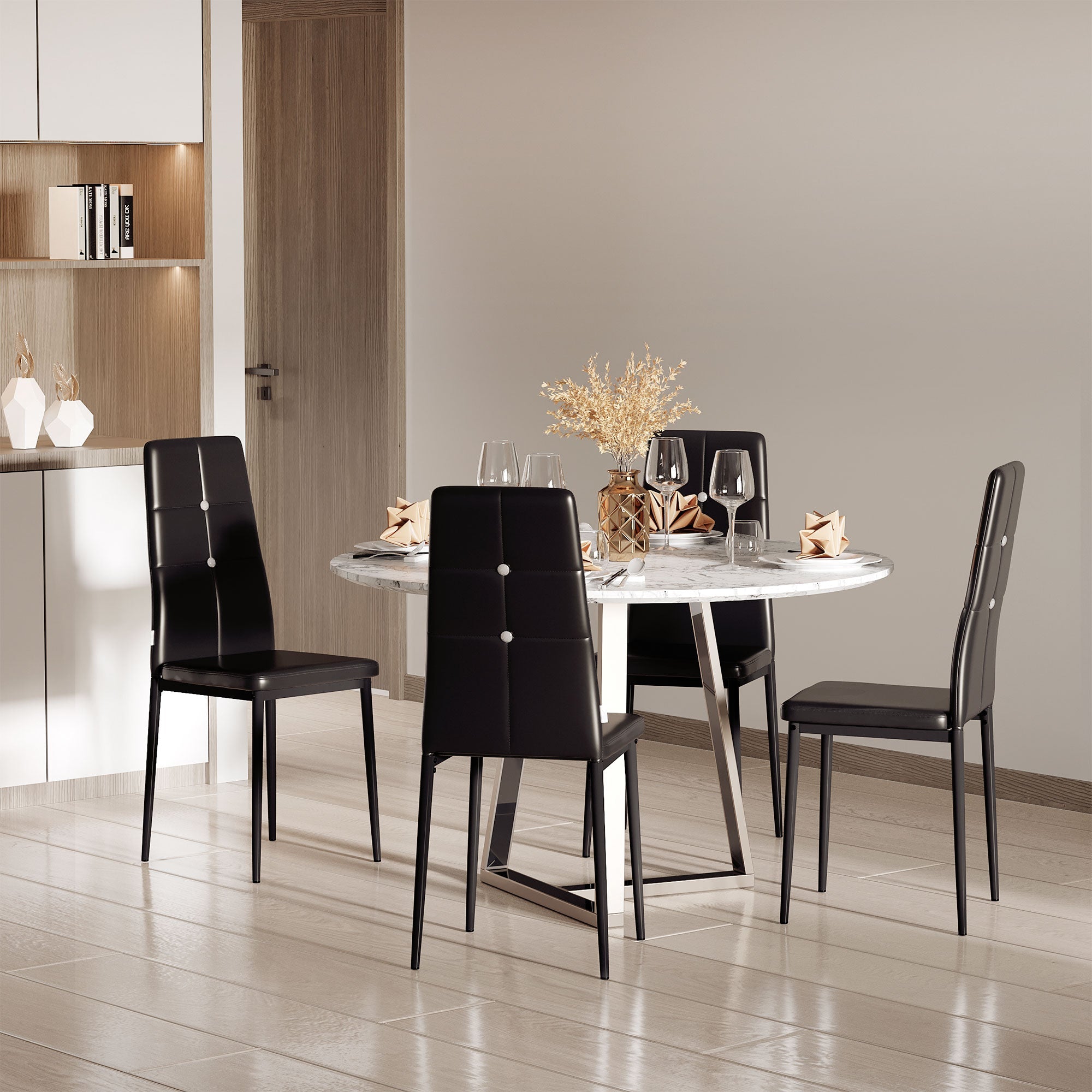 HOMCOM Set of 4 Modern Dining Chairs Black Faux Leather Upholstered with Button Tufted Back Metal Legs 