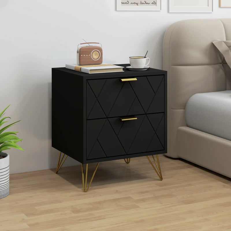 Modern Bedside Table, Accent Nightstand with 2 Drawers, Bed End Table for Bedroom, Black