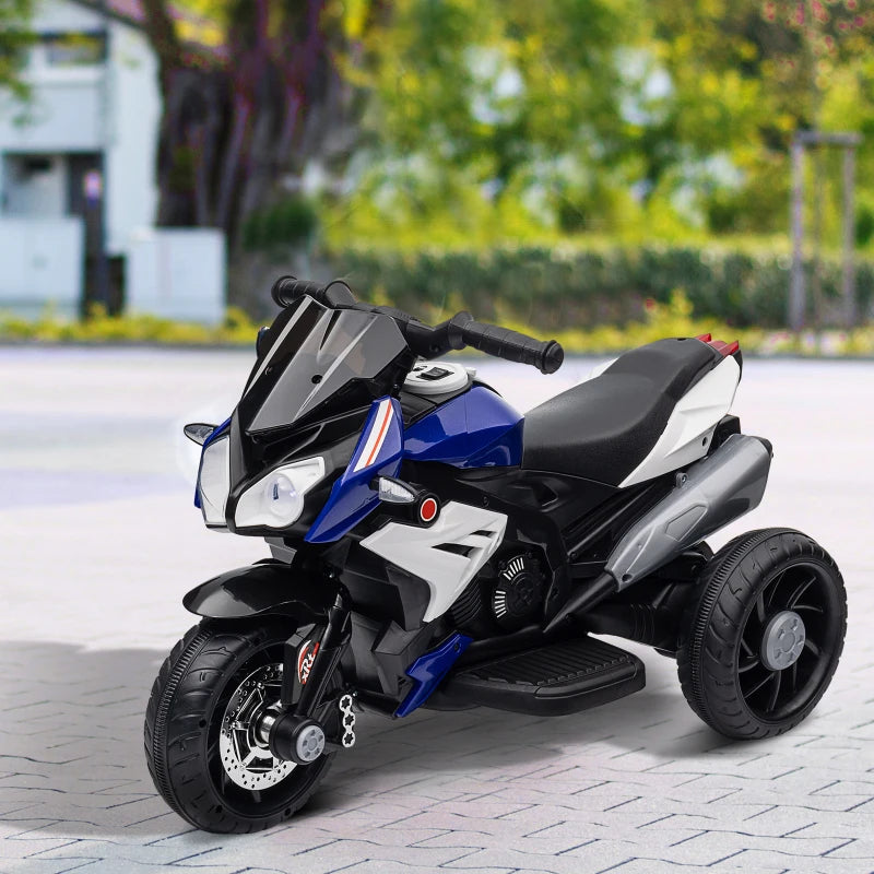 Qaba Kids Electric Motorcycle Ride-On Toy with 3 Wheels, Music, Horn, Lights, Blue