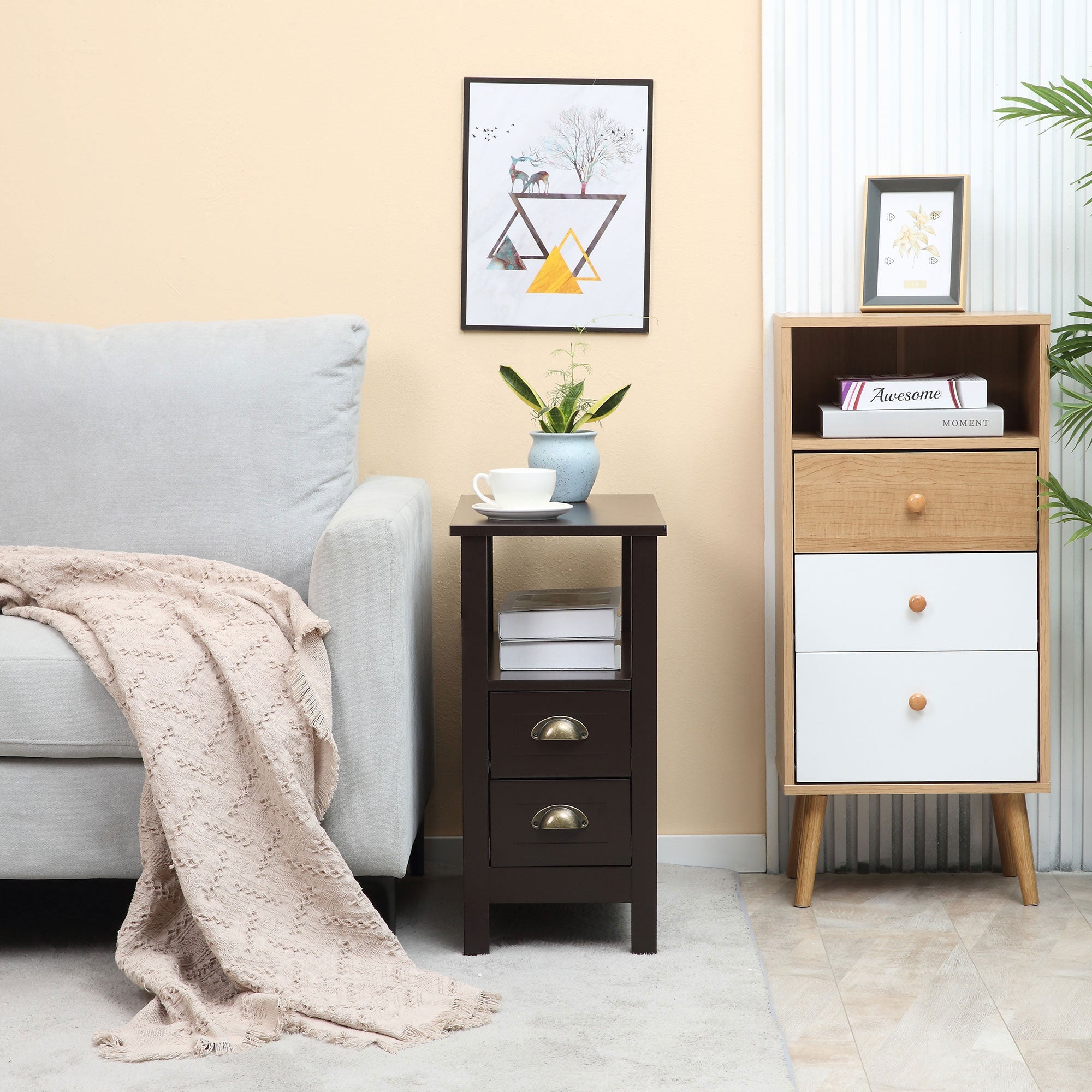 HOMCOM Slim Side Table: Narrow End Table with 2 Drawers and Storage Shelf, Sofa Side Table for Living Room, Compact Nightstand 