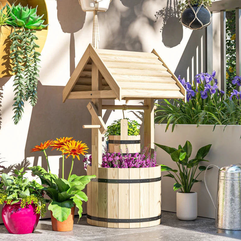 Wood Wishing Well Outdoor Wooden Planter with Hanging Bucket and Drainage Hole for Garden, Patio, Backyard, Natural