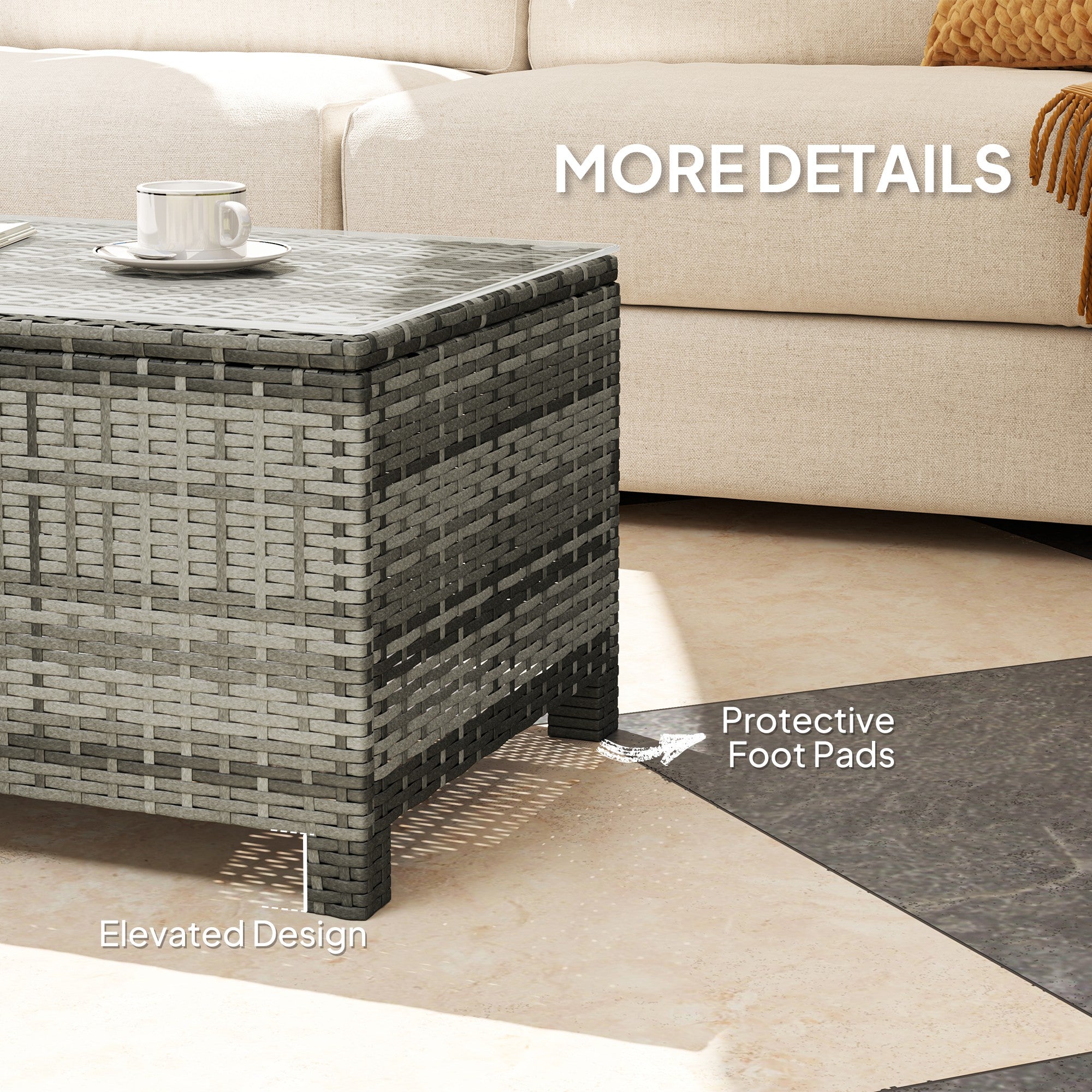 Outsunny Rattan Wicker Coffee Table with Glass Top Outdoor Garden Patio Furniture Brown Tempered 