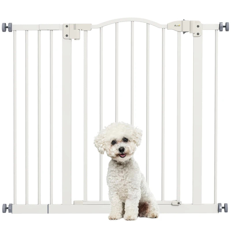 Extra Tall Dog Gate with Door, Pressure Fit, Auto Close, Double Locking for Doorways Hallways Stairs, 29"-37", White