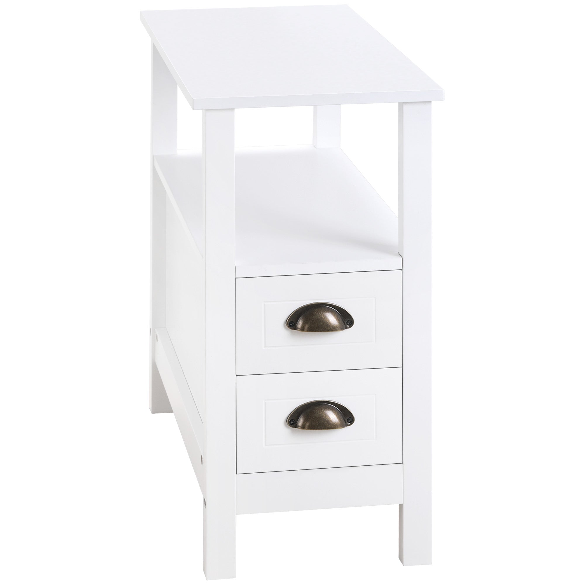 HOMCOM Slim End Table: White with 2 Drawers & Storage Shelf for Compact Living Room & Bedroom Spaces 