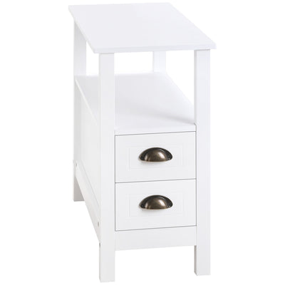HOMCOM Slim End Table: White with 2 Drawers & Storage Shelf for Compact Living Room & Bedroom Spaces 