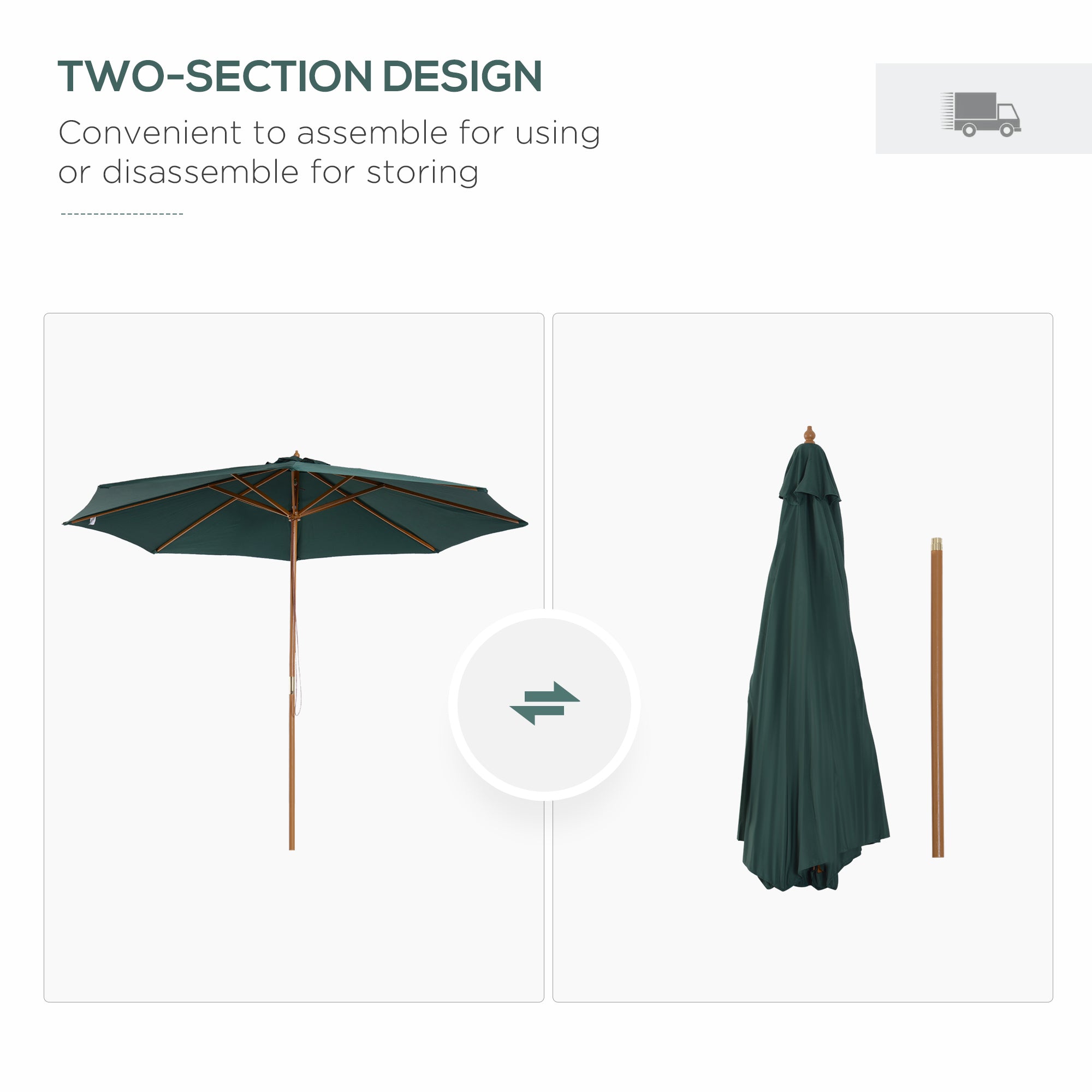 Outsunny 10FT Round Patio Umbrella with Rope Pulley Mechanism, Wooden Market Umbrella, Garden Parasol with 8 Ribs, Dark Green 