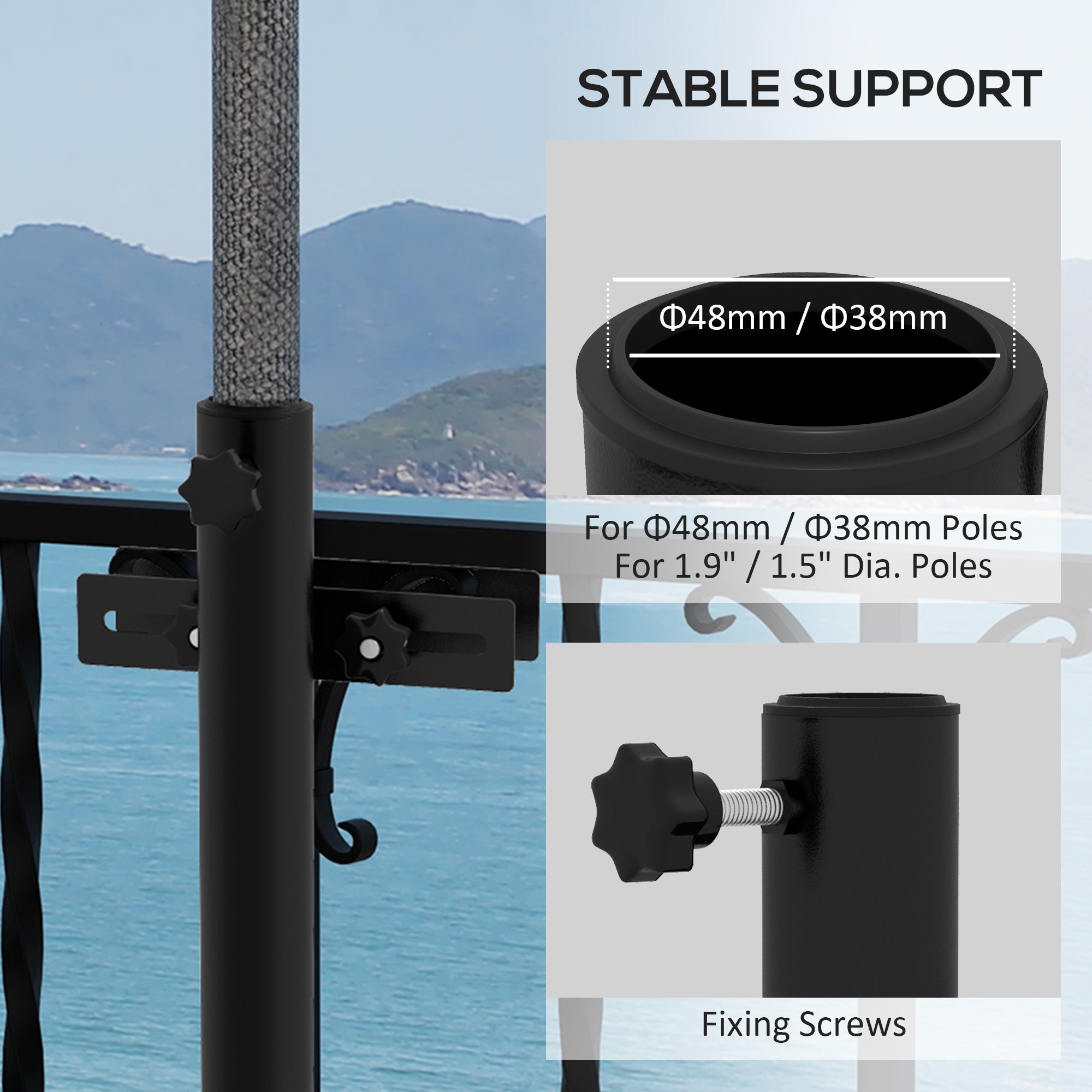Outsunny Patio Umbrella Holder Stand for Deck Railing, Umbrella Deck Mount Bracket with Adjustable Clamps, Black 