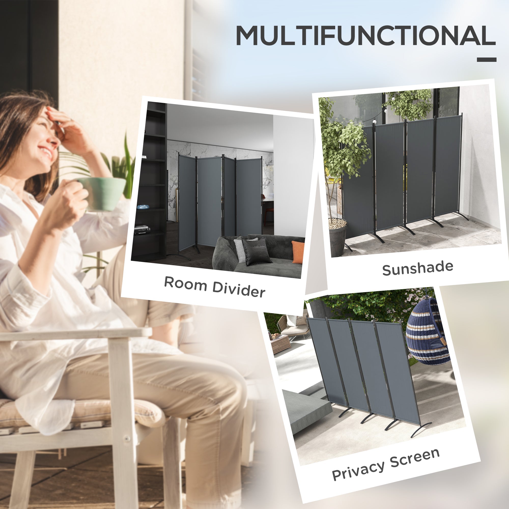 Outsunny Folding Room Divider, Privacy Screen for Patio Backyard Pool Hot Tub, 5.6FT Tall, Dark Grey 