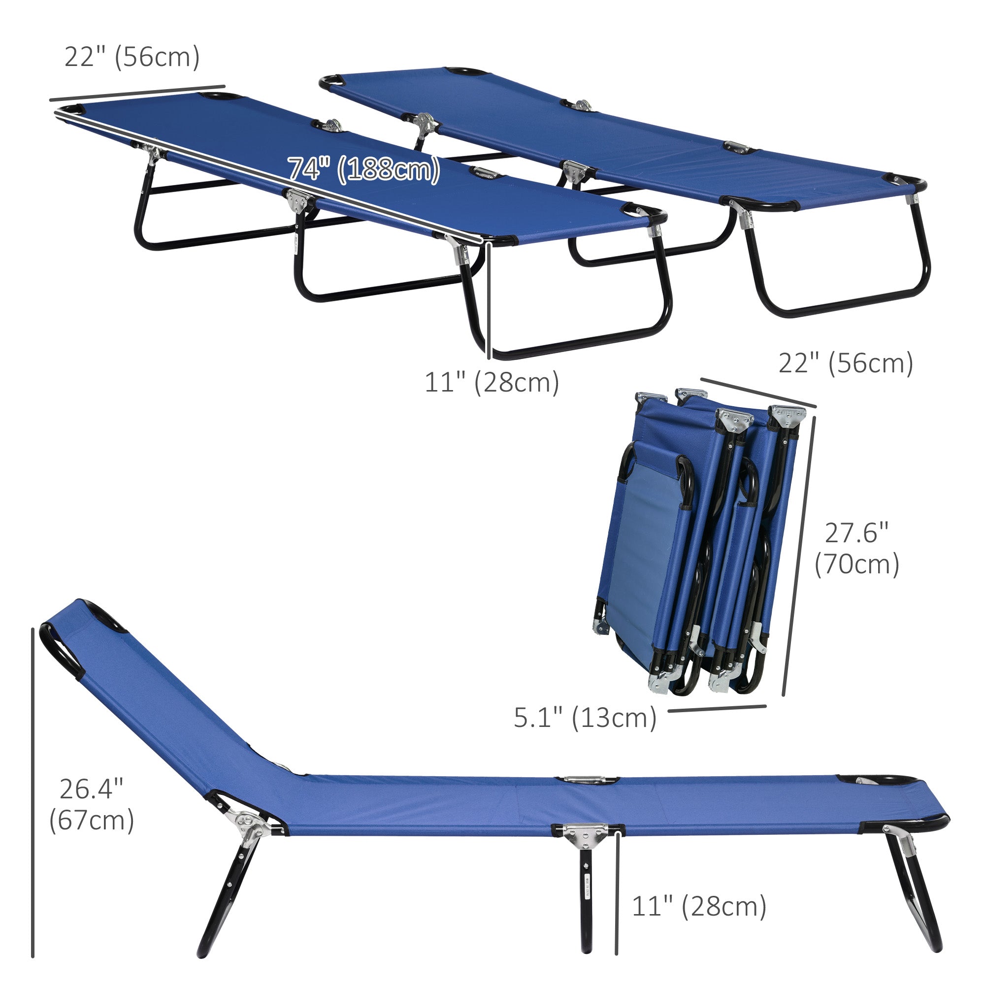 Outsunny Folding Outdoor Lounge Chair Set of 2 Sun Tanning Blue with Reclining Back Breathable Mesh Beach Patio 