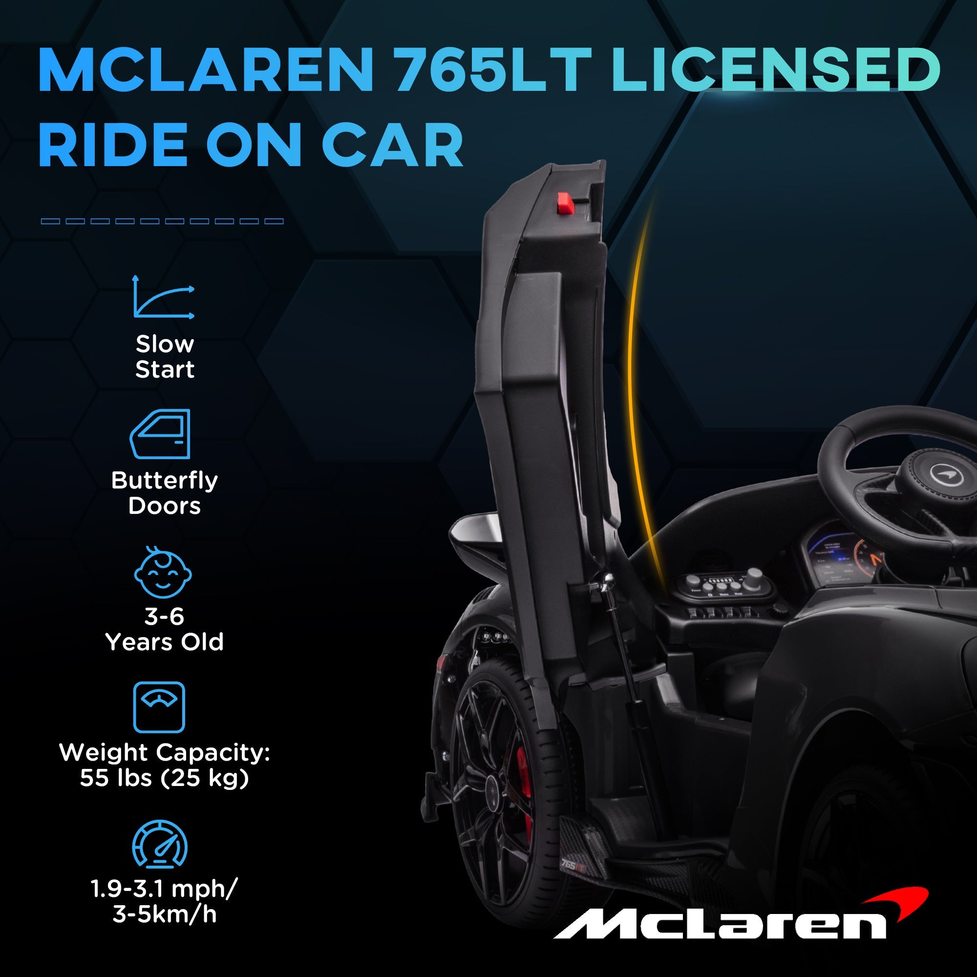 Qaba McLaren 765LT Licensed 12V Kids Electric Car w/ Scissor Doors, Training Wheels, Remote, Slow Start, Music Horn Black 