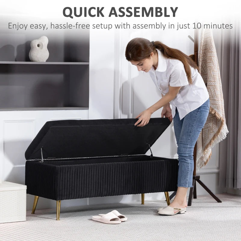 Storage Ottoman Bench, 43 Inch Large Storage Chest with Steel Legs and Padded Seat, Foot Rest, Load 485 lbs, Black
