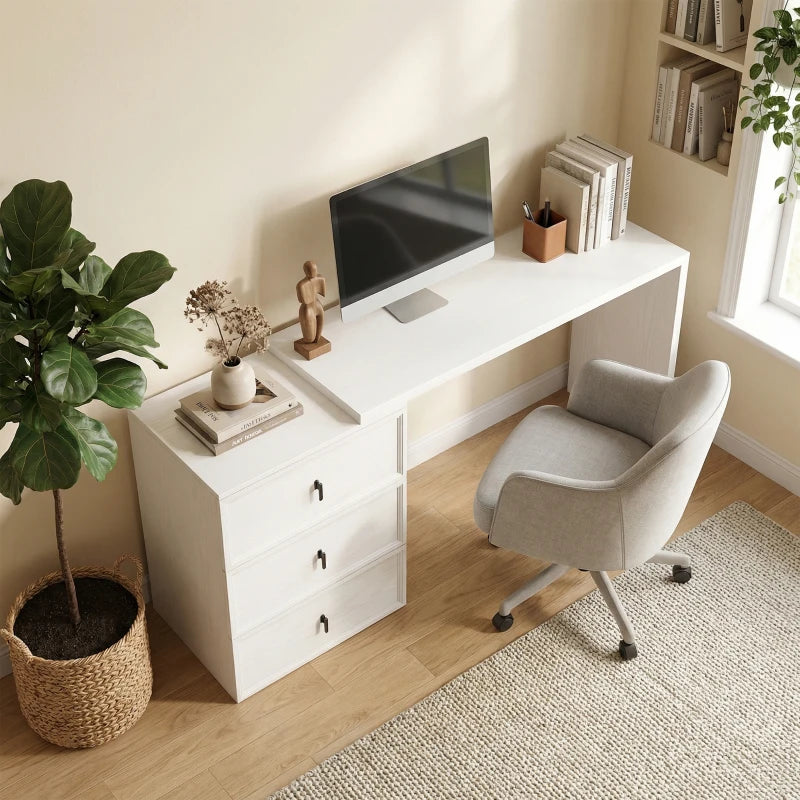 L Shaped Computer Desk Home Office Desk with 3 Drawers White Wood Grain