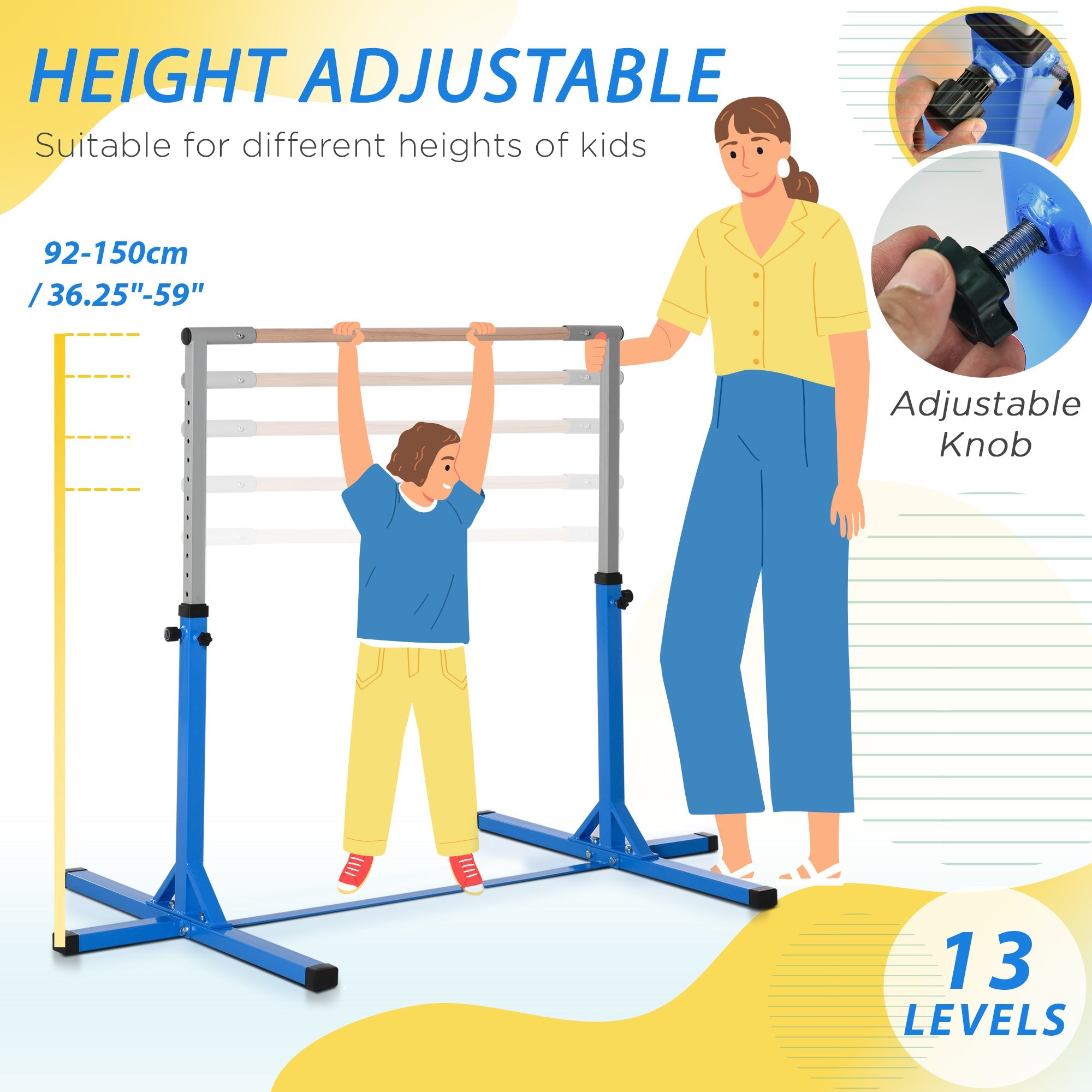 Soozier Professional Gymnastics Bar for Kids, Toddler Home Gymnastics Equipment with 13-level Adjustable Height, Blue 