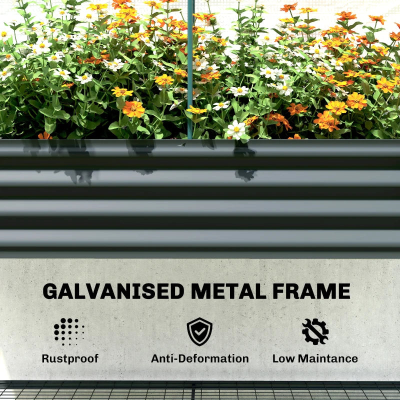 Galvanised Raised Garden Bed with Greenhouse Cover, Metal Elevated Planter Box with Bed Liner, Bottom Shelf, Dark Grey