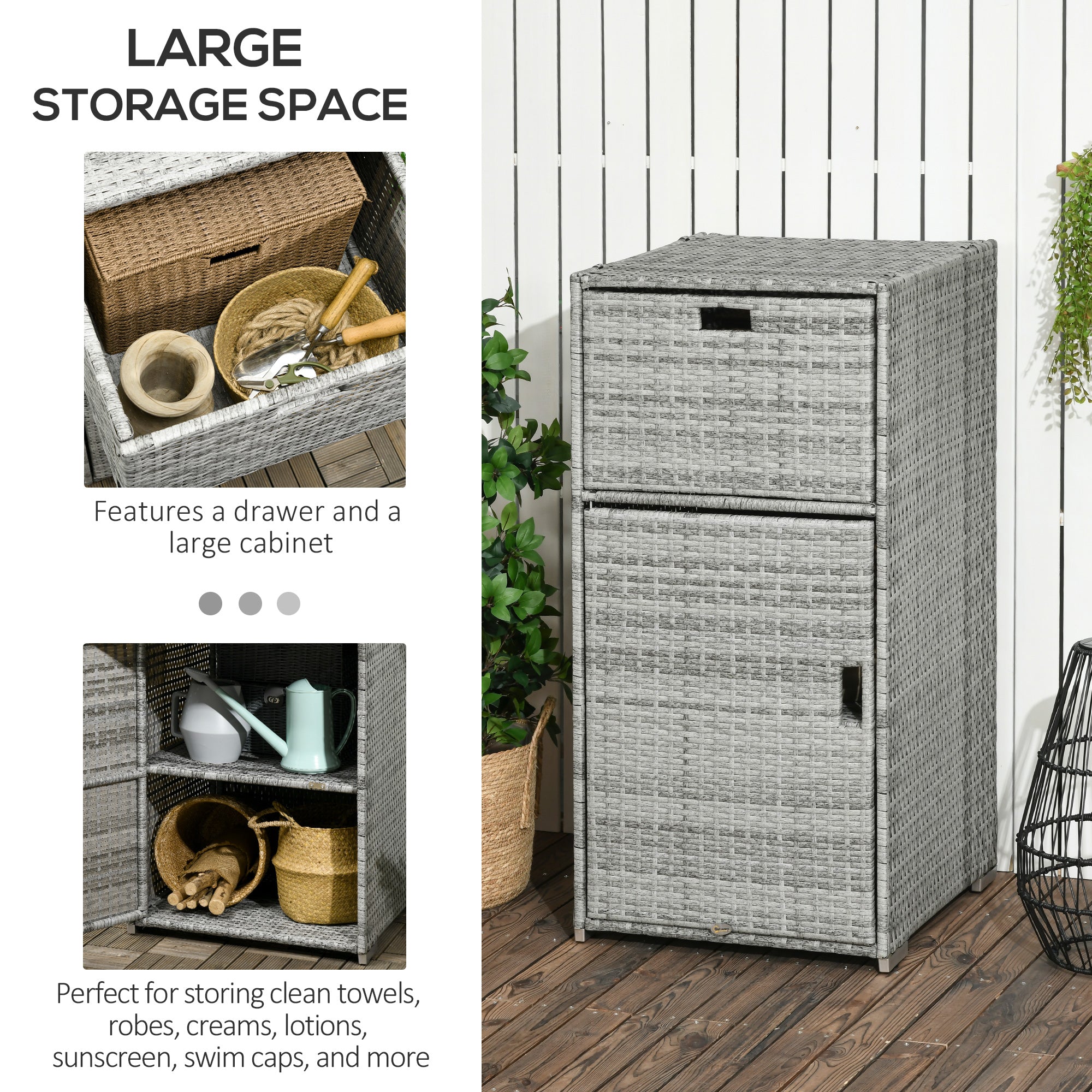 Outsunny Patio Storage Cabinet, Outdoor Towel Rack for Pool, Waterproof PE Rattan Wicker, Hot Tub Accessory, Mixed Gray 