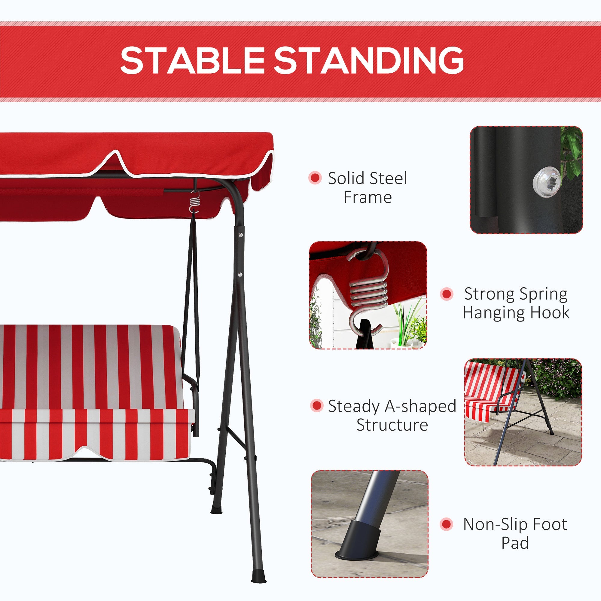 Outsunny 3-Seater Outdoor Porch Swing with Adjustable Canopy, Patio Swing Chair for Garden, Poolside, Backyard, Red 