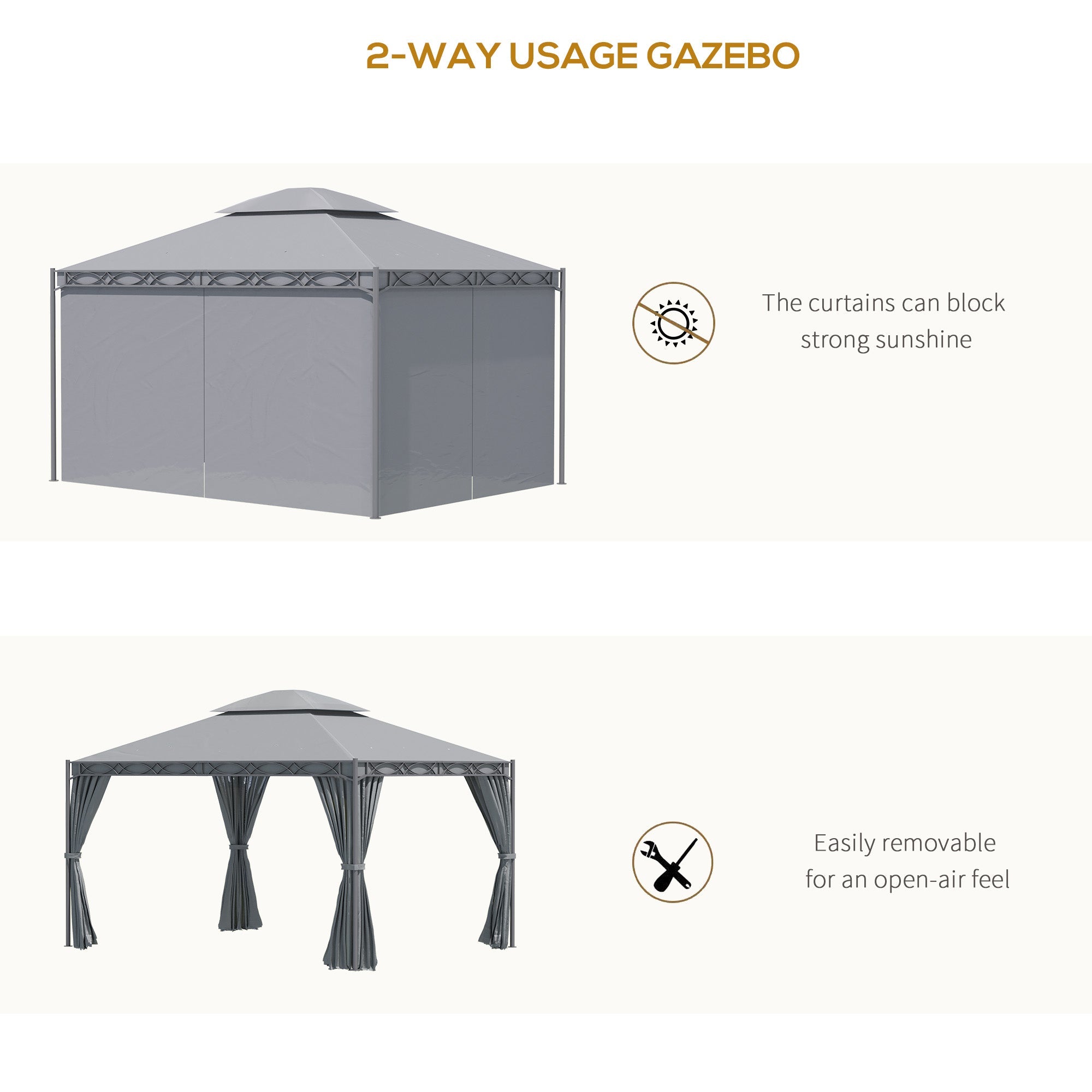 Outsunny 10'x13' Soft-top Patio Gazebo Double-Tiered covered Steel Gazebo with Curtain, Grey 